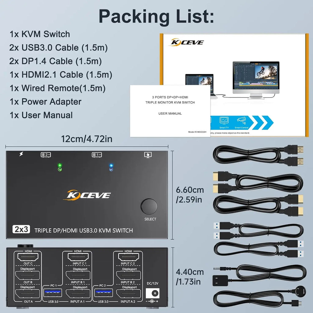 Triple/Dual HDMI/Displayport KVM Switch 3/2 Monitors 3/2 Computers USB 3.0 KVM for 8K@60Hz 4K@144Hz With 4 USB3.0 Keyboard Mouse