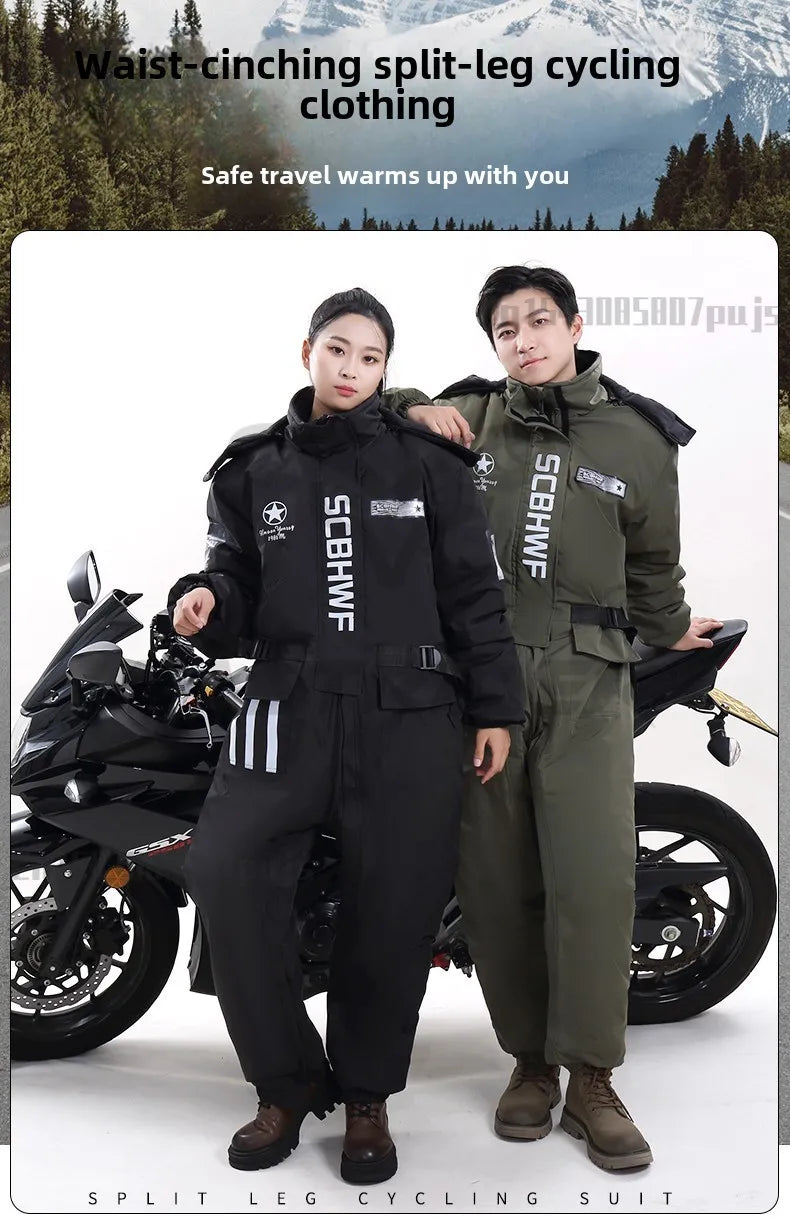 Winter Waterproof Windproof Ski Suit Thick Fleece Jumpsuit for Men Women, Cold Resistant Motorcycle Riding Suit