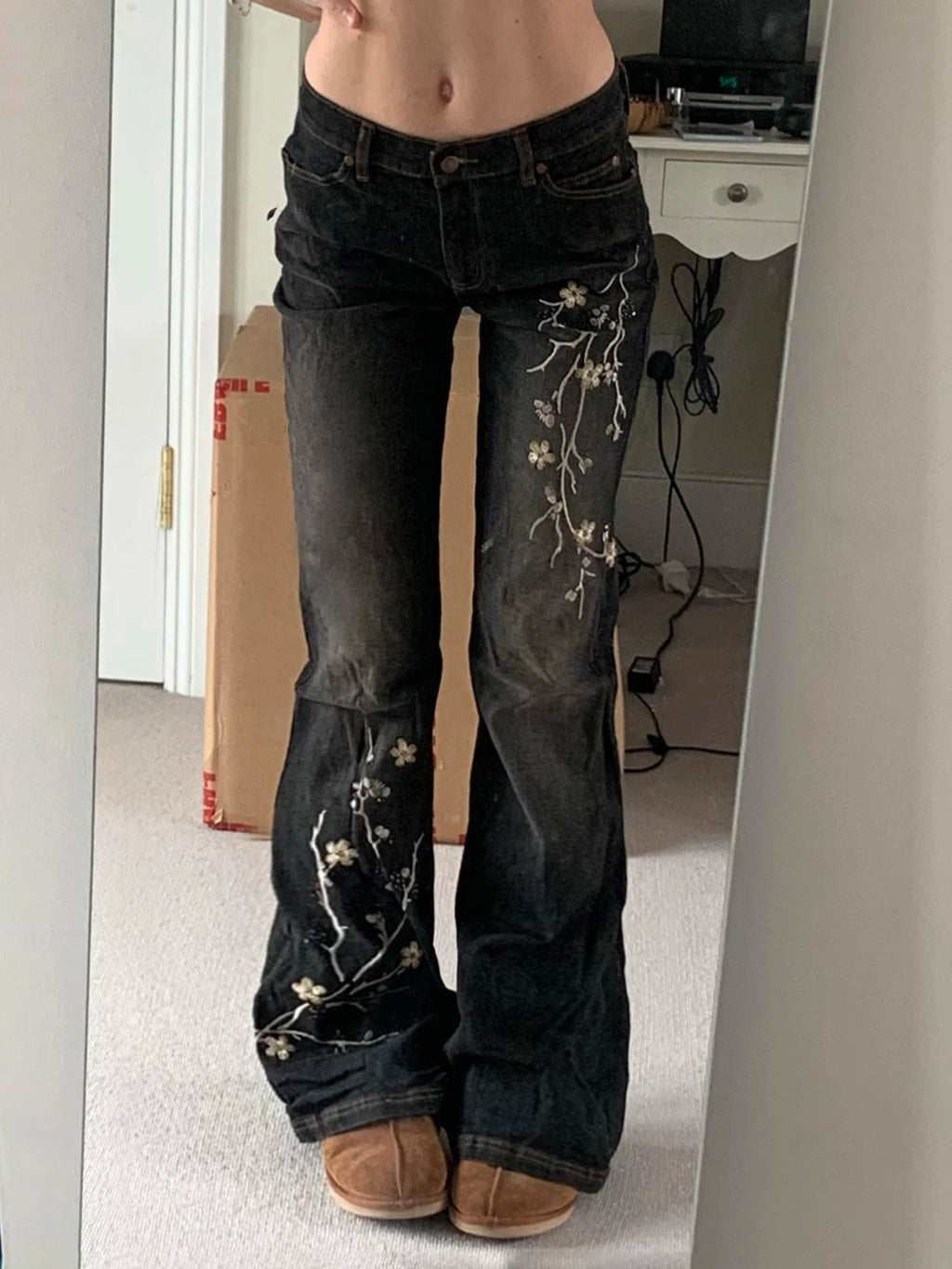Weekeep Floral Embroidery Jeans Vintage 2000s Low Rise Flared Jeans Women Retro  Baggy Denim Pants High Street Basic Trousers