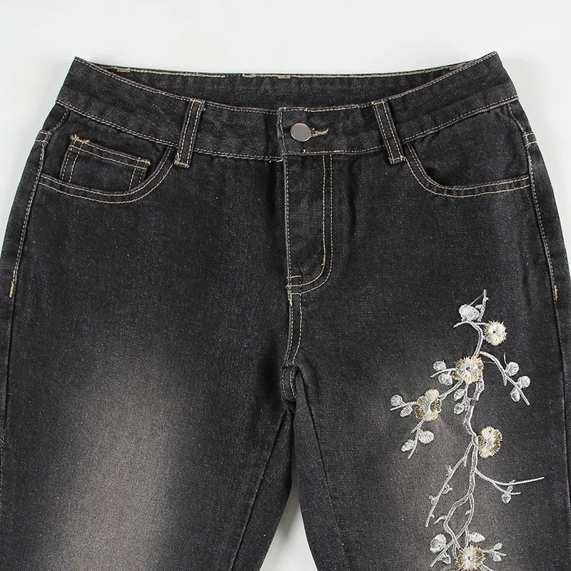 Weekeep Floral Embroidery Jeans Vintage 2000s Low Rise Flared Jeans Women Retro  Baggy Denim Pants High Street Basic Trousers