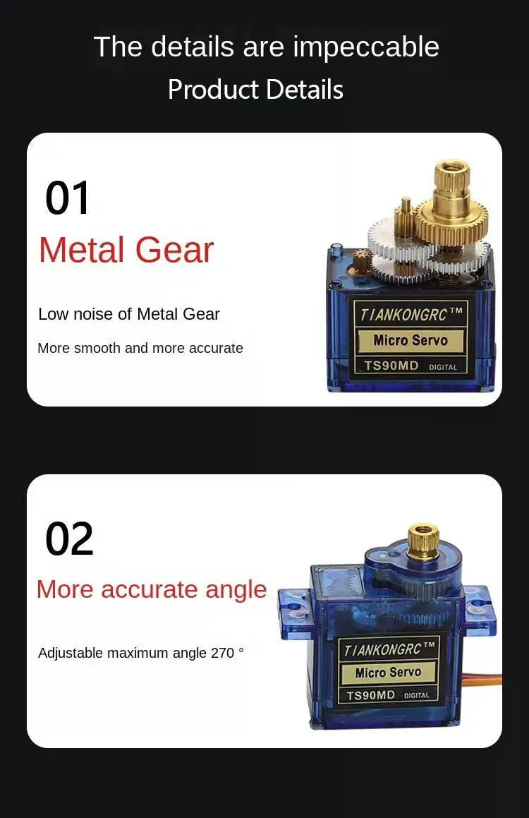 2kg.cm Micro Servo Motor Set Metal Gear 90/180/270 Degree Angle Controllable 4.8V-6V Simulation Steering Gear for RC Planes 9g