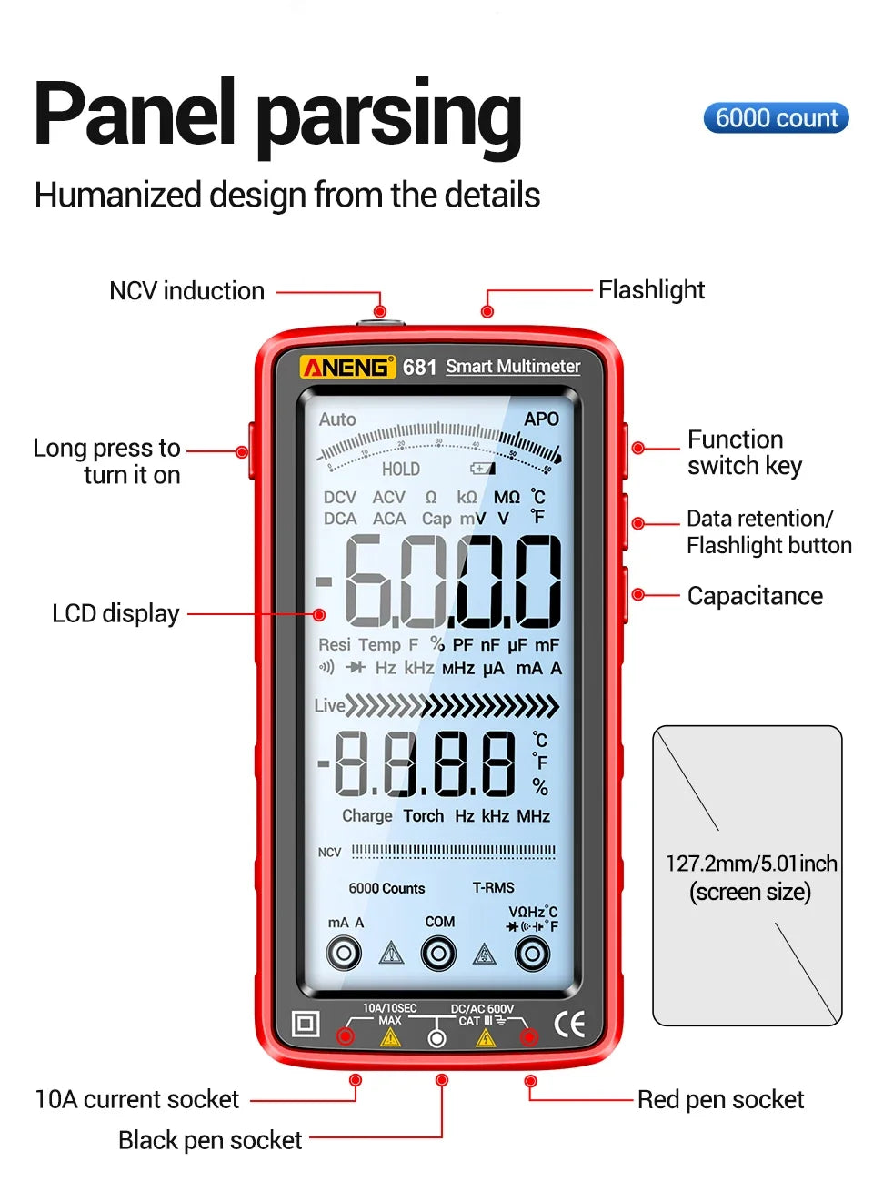 ANENG 681 Smart Digital Multimeter Rechargable AC/DC Voltage Non-contact Voltage Tester Meter LCD Screen Current Tester Tools