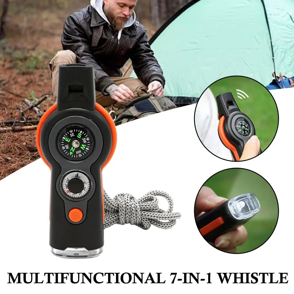 7in1 Emergency Survival Function Whistle Outdoor Multifunctional Survival Whistle with Lanyard Compass Flashlight Camping Hike ﻿