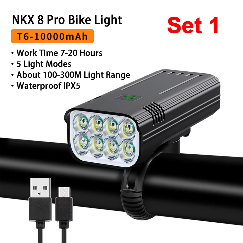 NATFIRE 10000mAh Bicycle Light with Battery Indicator USB Rechargeable Bike Light Set 8 LED Flashlight