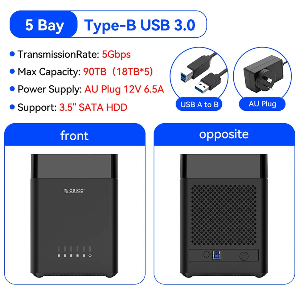 ORICO 5 Bay 3.5" SATA Hard Drive Enclosure HDD Docking Station USB 3.0 Type C External HD Case 90TB Storage Expansion 12V/6.5A