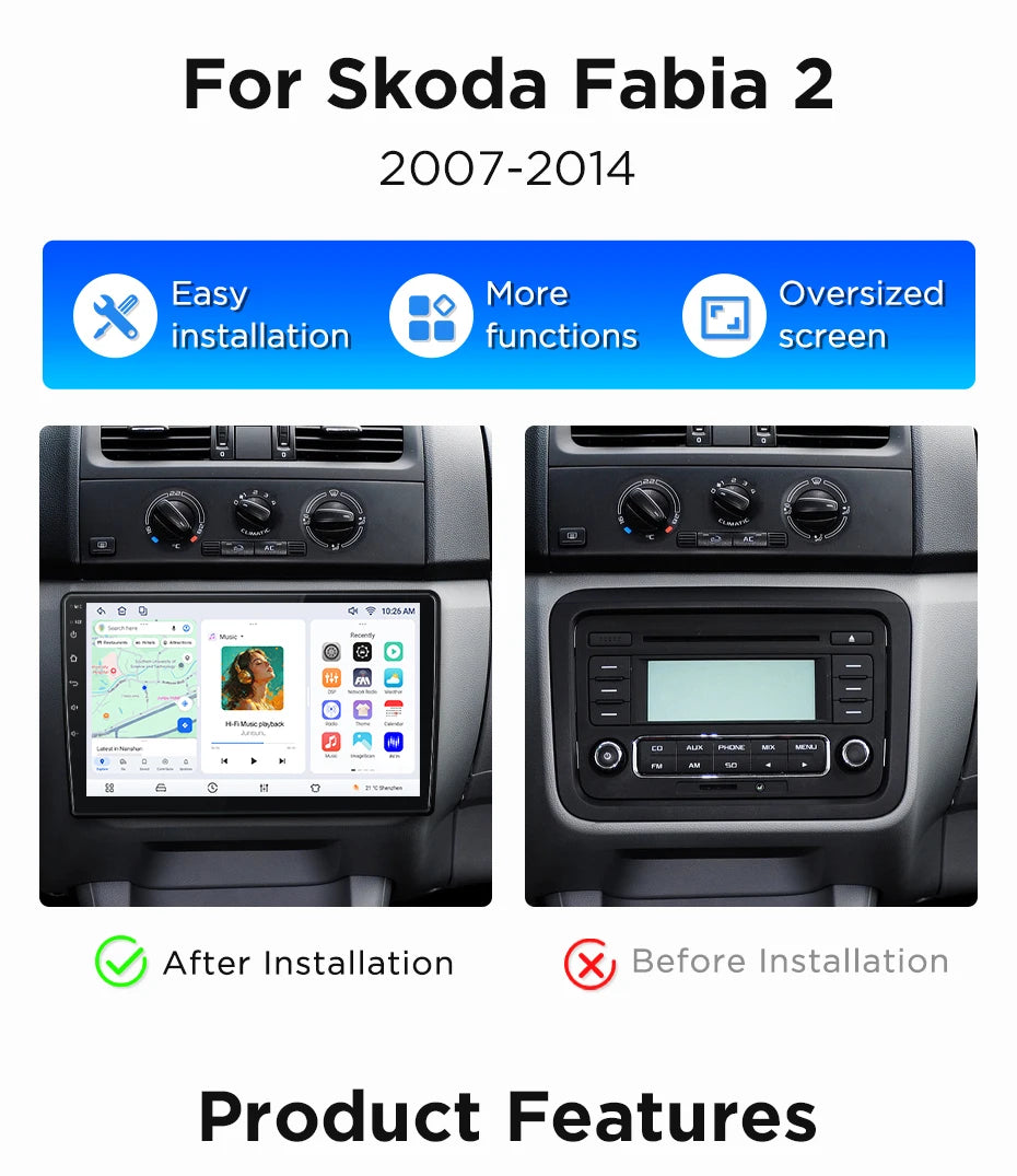 Junsun Wireless CarPlay Android Auto Car Radio For Skoda Fabia Mk2 (5J) 2007-2014 Built-in Cooling Fan Android GPS Navigation Multimedia Player WiFi DSP RDS BT SWC IPS Touch Screen Autoradio Video Player Head Unit Stereo