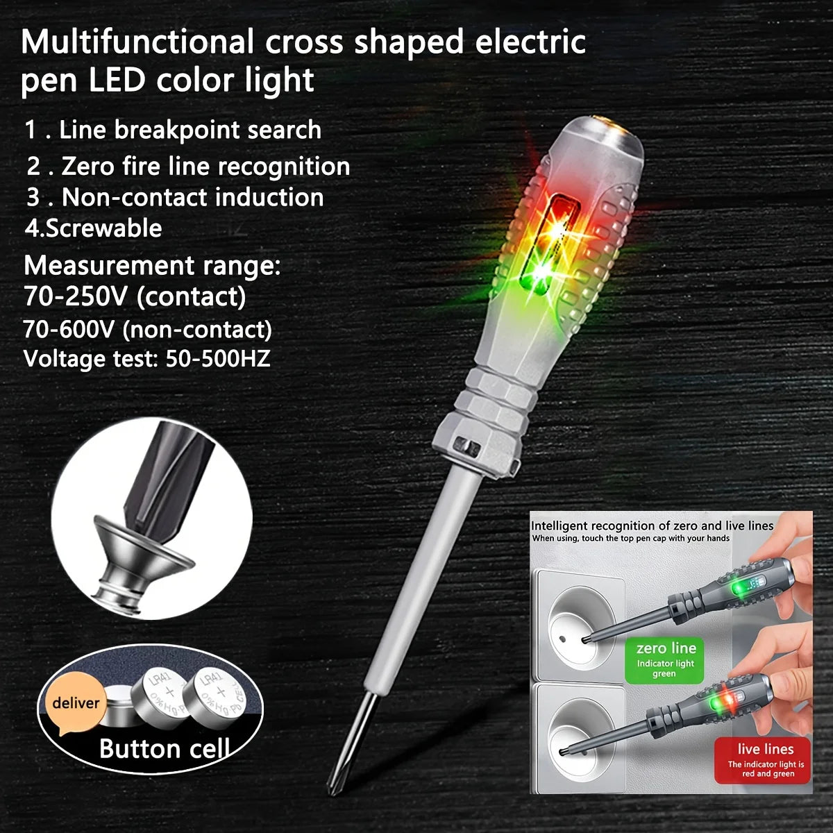 Multifunctional Electrician Test Screwdriver AC Non-contact Induction Test Pen Voltage Tester 70-600V Red Green Induction Lights