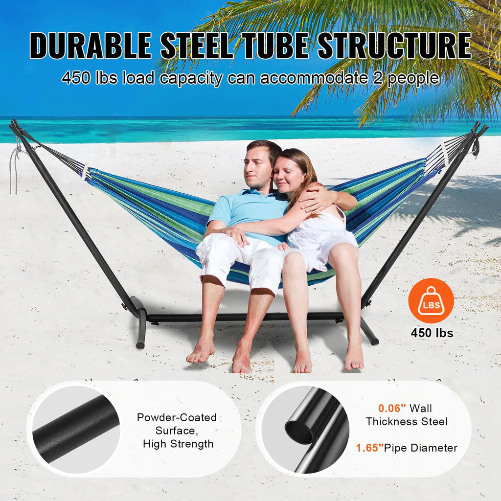 Portable Steel Hammock Stand 450lbs Capacity 2-Person Heavy Duty Adjustable Hooks Fabric Hammock Frame Fits 9.5-12 Inch Beds