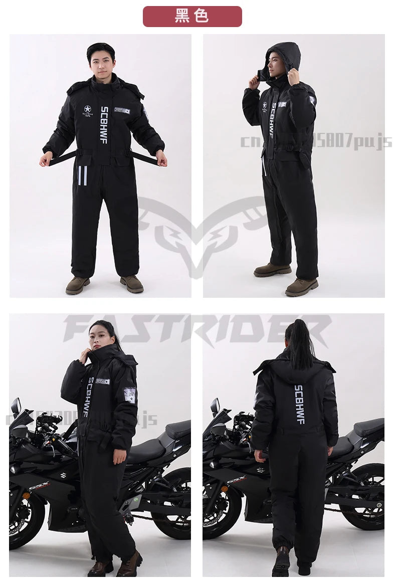Winter Waterproof Windproof Ski Suit Thick Fleece Jumpsuit for Men Women, Cold Resistant Motorcycle Riding Suit