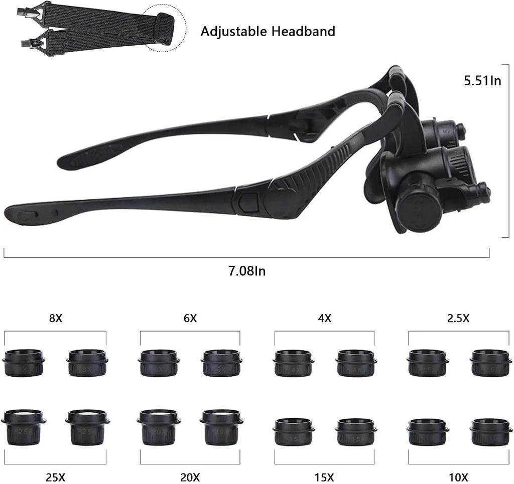 Head Mounted Magnifier With LED Light Magnifying Glass 2.5/4/6/8/10/15/20/25x Len For Close Work Electronic Jewelry Watch Repair