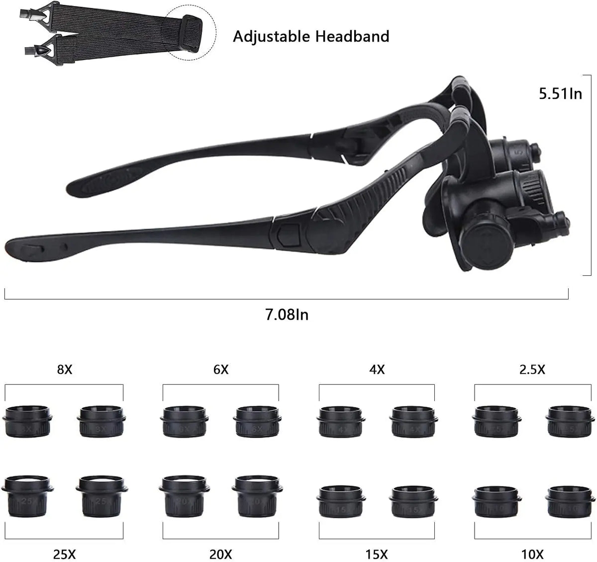 Head Mounted Magnifier With LED Light Magnifying Glass 2.5/4/6/8/10/15/20/25x Len For Close Work Electronic Jewelry Watch Repair