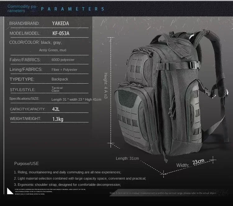 YAKEDA 40L Tactical Backpack Sports Backpack Outdoor Picnic Camping Waterproof Mountaineering Backpack