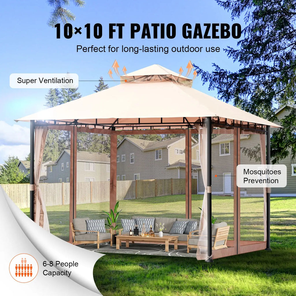 "10x10 FT Metal Frame Patio Gazebo with Mosquito Netting & PU Coated Polyester Canopy for 6-8 Person Backyard"