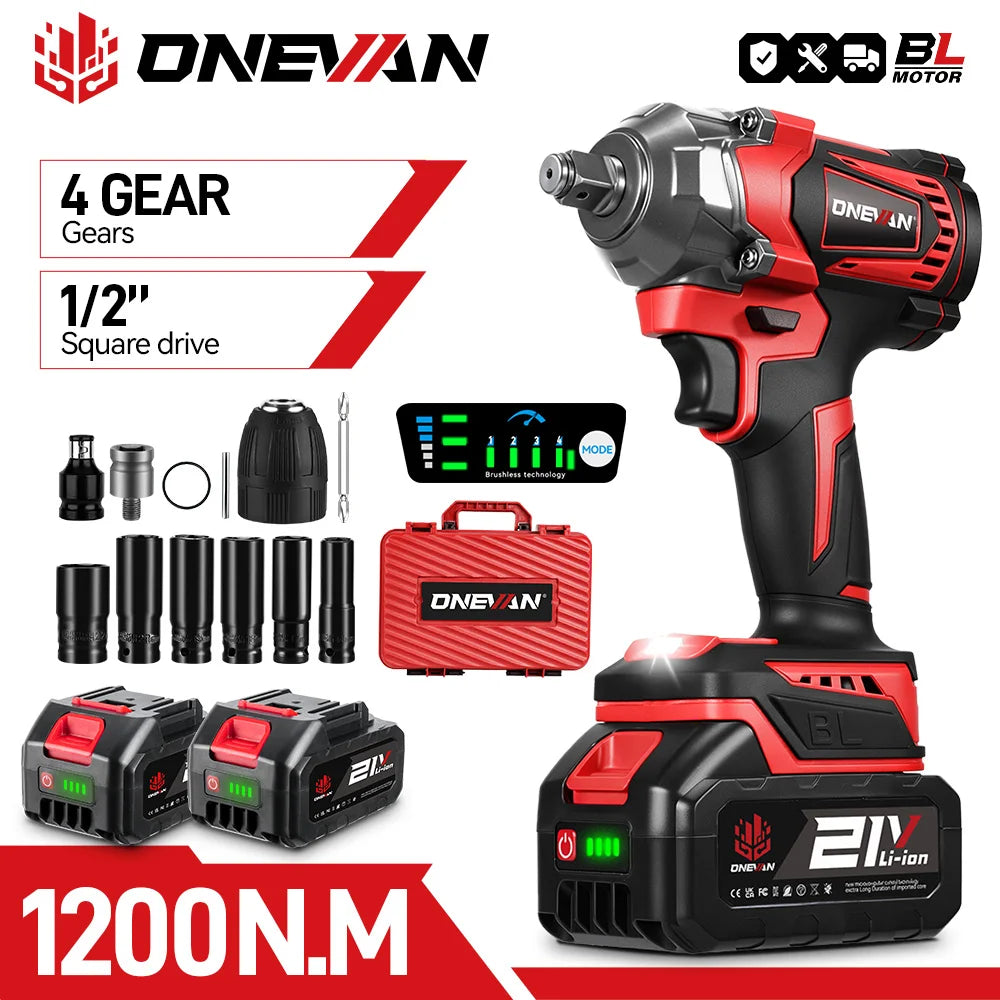 ONEVAN 1200N.M Torque Brushless Electric Impact Wrench 1/2Inch Cordless Wrench Screwdriver Power Tool For Makita 18V Battery Pin