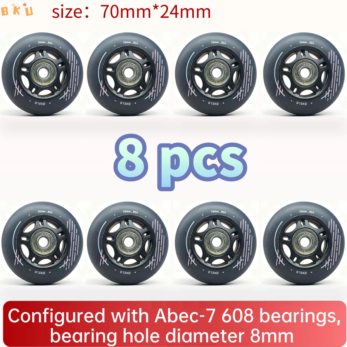 8-Pack Full Set Roller Skate Replacement 70mm Wheels, High-Speed Abec-7 608 Bearing Wheels for Skateboard/Scooter/Luggage