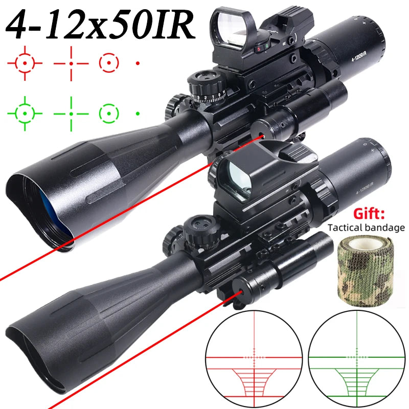 4-12X50ir Scope Red Green Two Color Illumination with HD101 HD103 4 Points Reticle Red Dot Optics Sight Hunting Combo