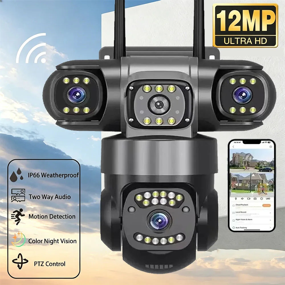 12MP 6K HD Outdoor Surveillance Camera Triple Lenses Triple Screens WiFi Connection Waterproof Night Vision Home Safety Cam