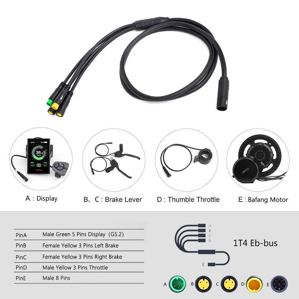 1T4 Main Cable for Bafang 8FUN, Mid Hub Motor Kits, E-Bike, BBS01B, BBS02B, BBSHD Connect, Brake Display, Electric Bicycle