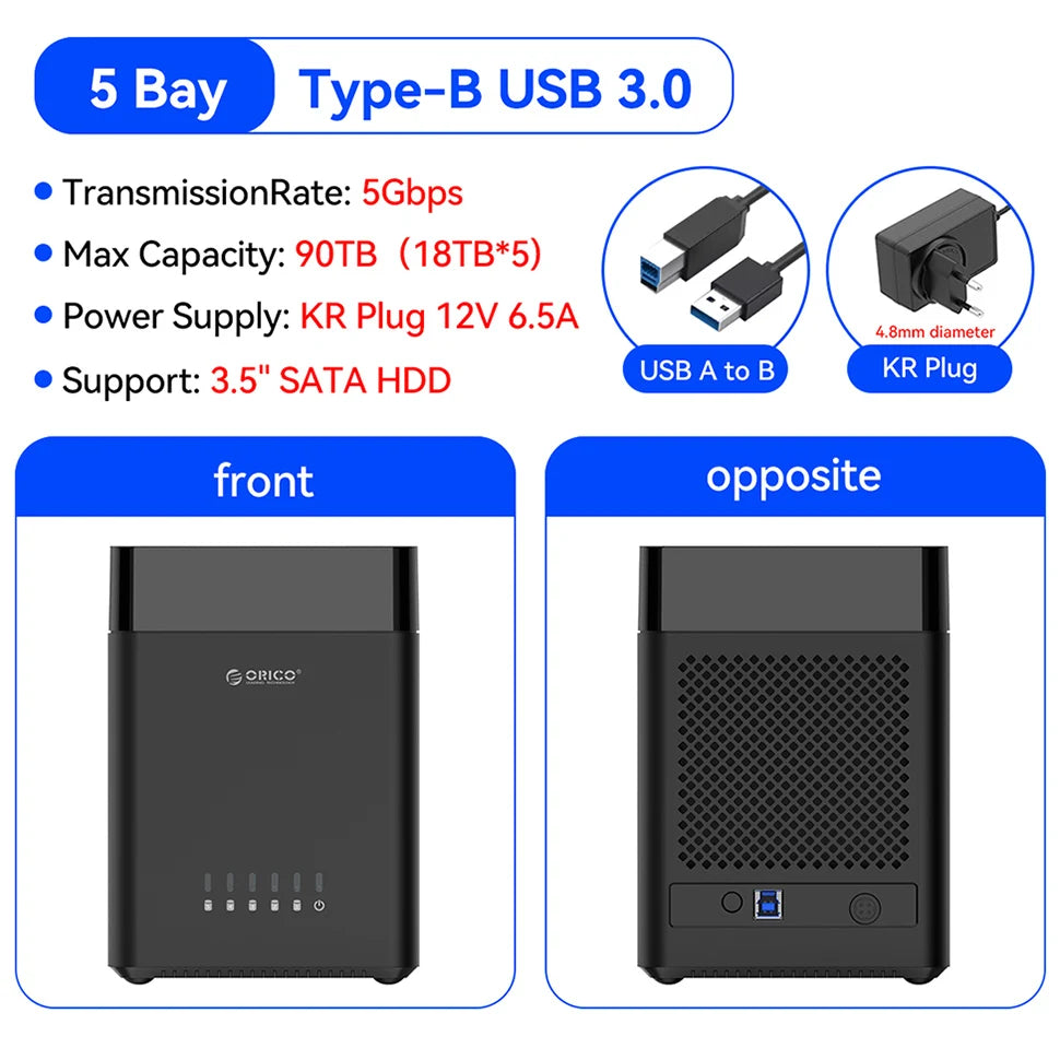 ORICO 5 Bay 3.5" SATA Hard Drive Enclosure HDD Docking Station USB 3.0 Type C External HD Case 90TB Storage Expansion 12V/6.5A