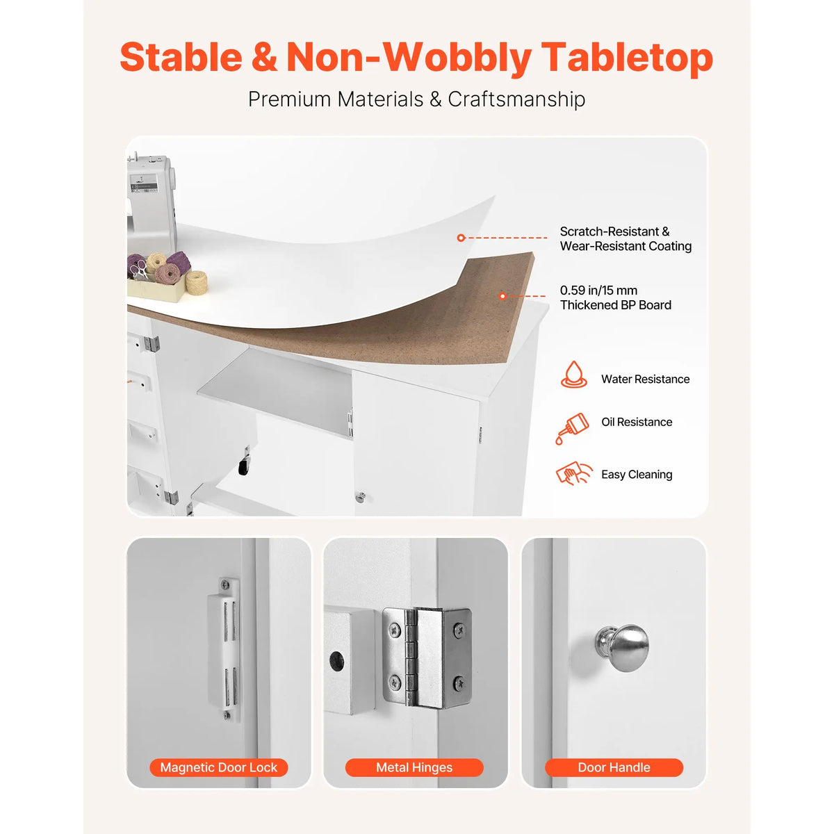 "Sewing Machine Table Cabinet with Foldable Design Compact Wheels Wooden Pegs & Storage Trays"