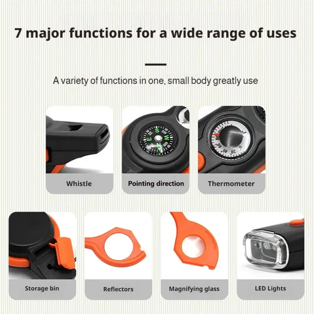 7in1 Emergency Survival Function Whistle Outdoor Multifunctional Survival Whistle with Lanyard Compass Flashlight Camping Hike ﻿