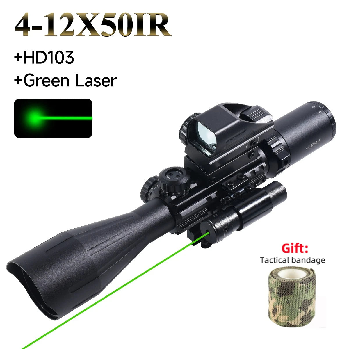 4-12X50ir Scope Red Green Two Color Illumination with HD101 HD103 4 Points Reticle Red Dot Optics Sight Hunting Combo