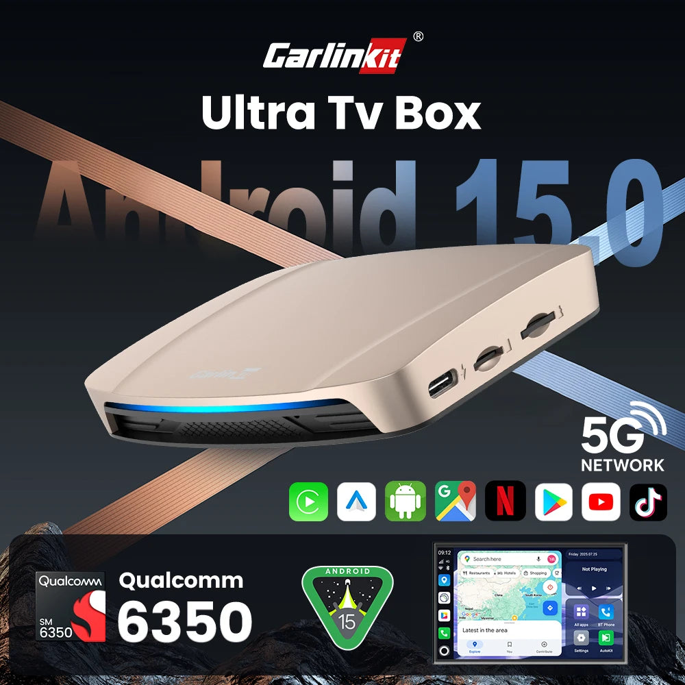 CarlinKit Ultra Box Android 15.0 SM6350 Tv Box CarPlay Wireless Android Auto Wireless Adapter Support Youtube Netfilx IPTV GNSS