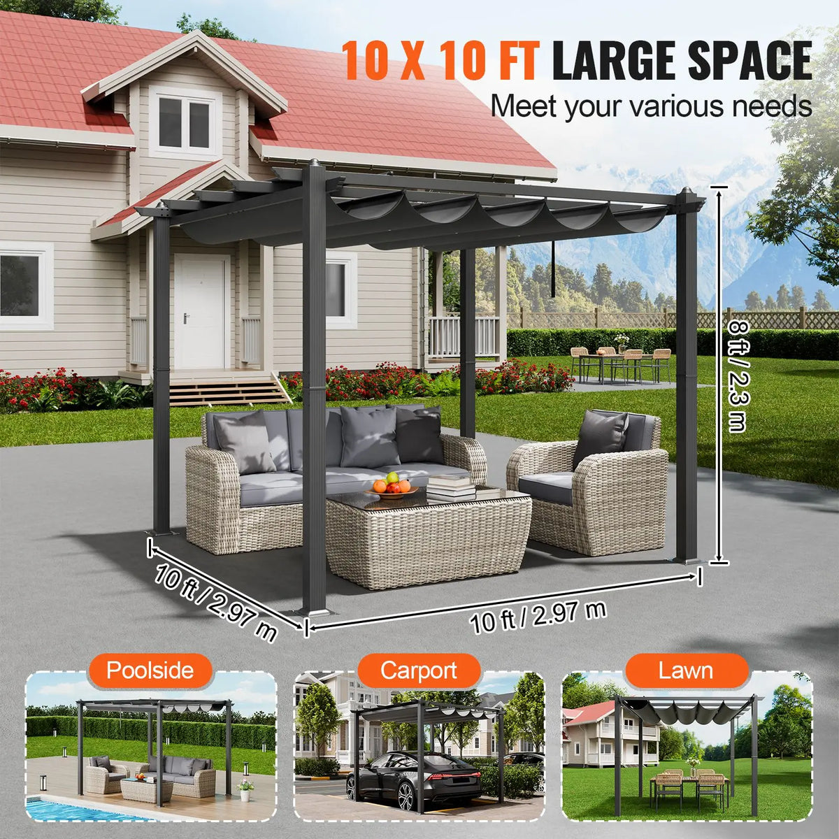 10FT X 10FT Modern Outdoor Retractable Pergola with Aluminum Canopy Sun Shade for Courtyard