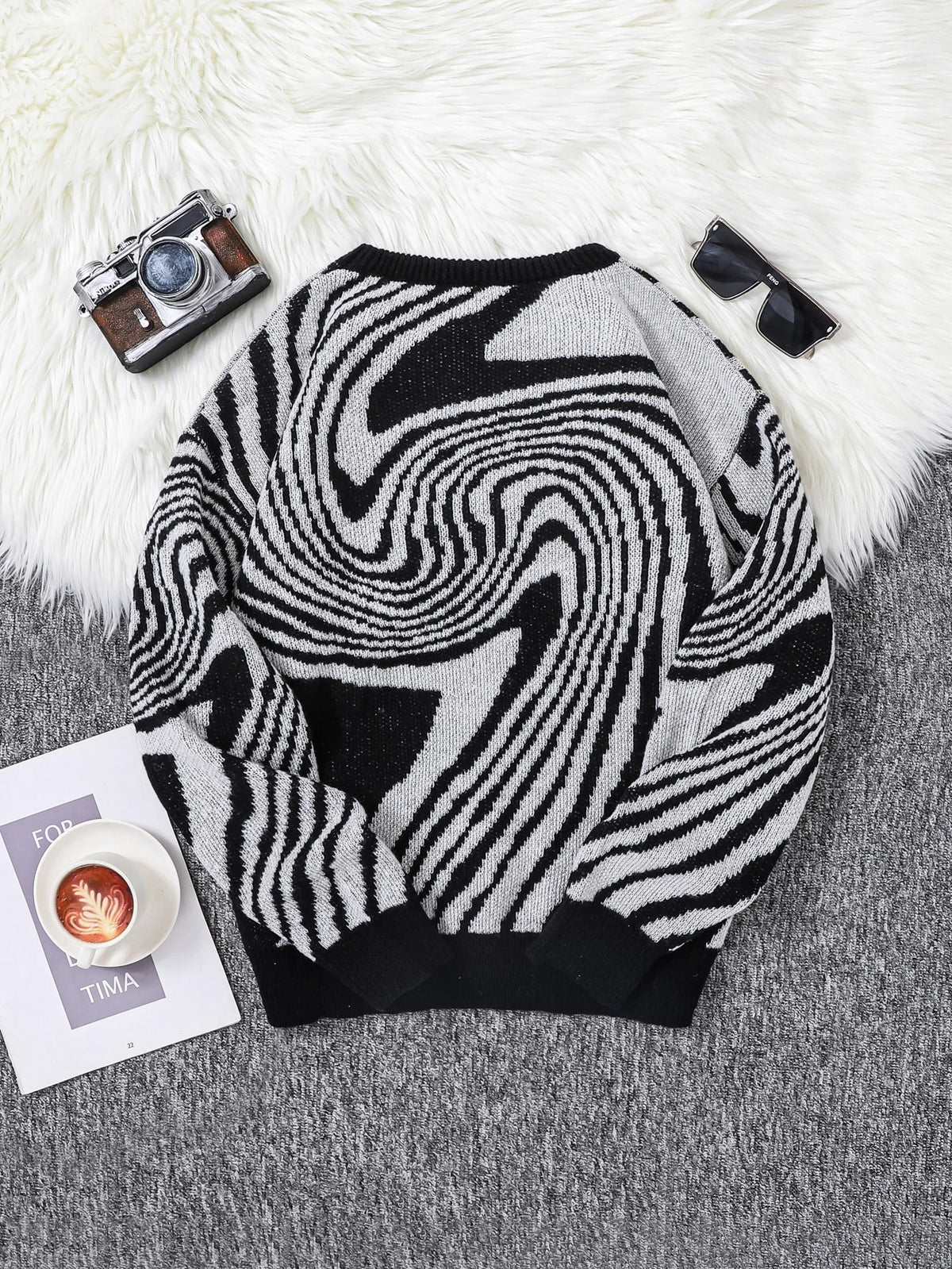 New Popular Autumn and Winter Maze Jacquard Pattern Pullover Sweater Casual Round Neck Contrast Color Knitted Men's Pullover