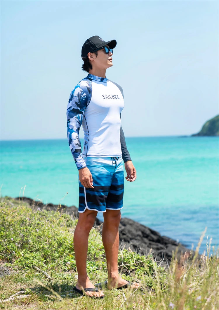 SAILBEE Men UV Protect Swimwear Long Sleeve Swimsuit Mens Rashguard Surfing Rash Guard Surf Shirt For Swimming Sail Drop Ship