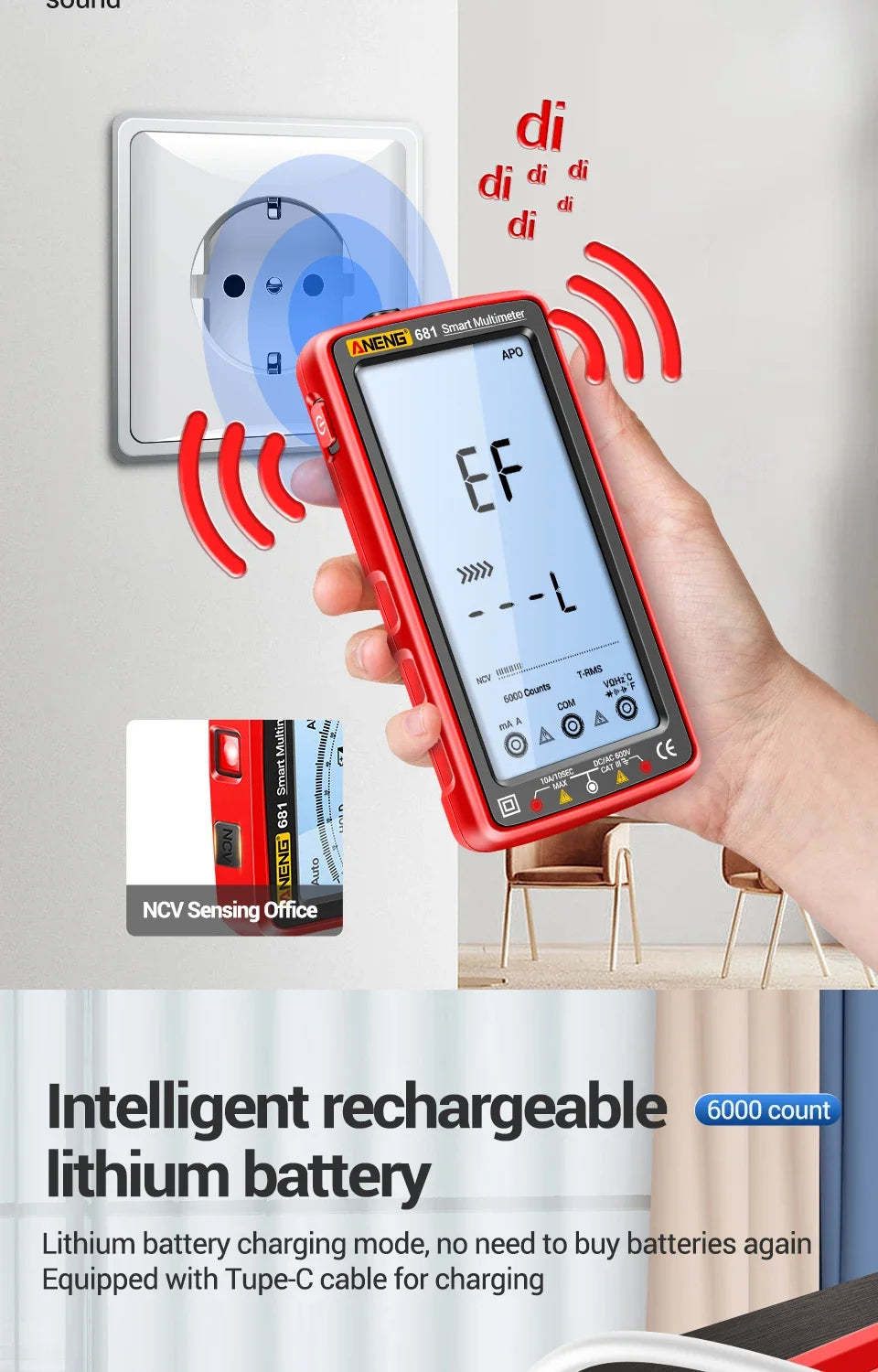 ANENG 681 Smart Digital Multimeter Rechargable AC/DC Voltage Non-contact Voltage Tester Meter LCD Screen Current Tester Tools