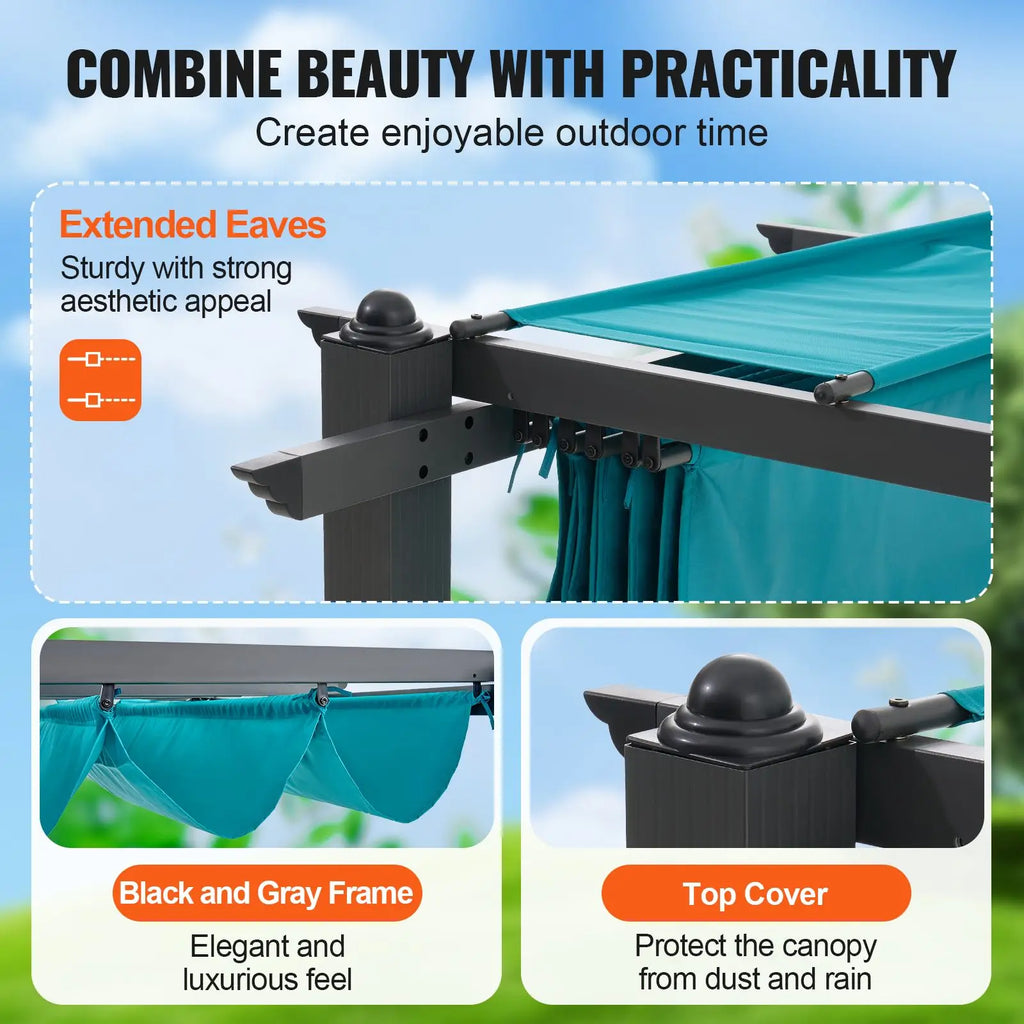 10FT X 13FT Modern Outdoor Retractable Pergola with Aluminum Canopy Sun Shade for Courtyard