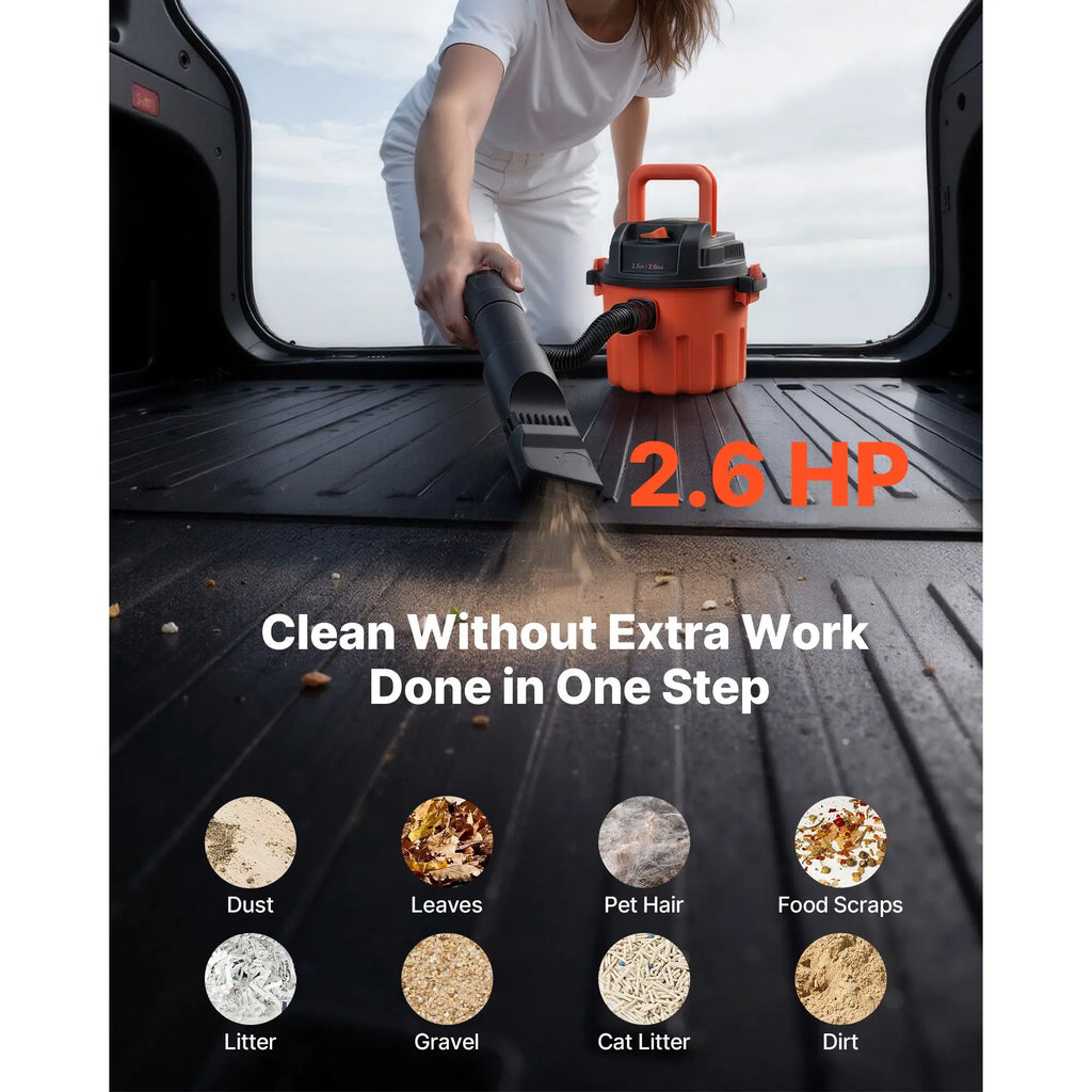 Portable 800W Input Power Shop Vac 2.6 Gallon Dry Shop Vacuum 2.5 Peak HP 1.25in Diameter X 4ft Hose Various Nozzles Washable