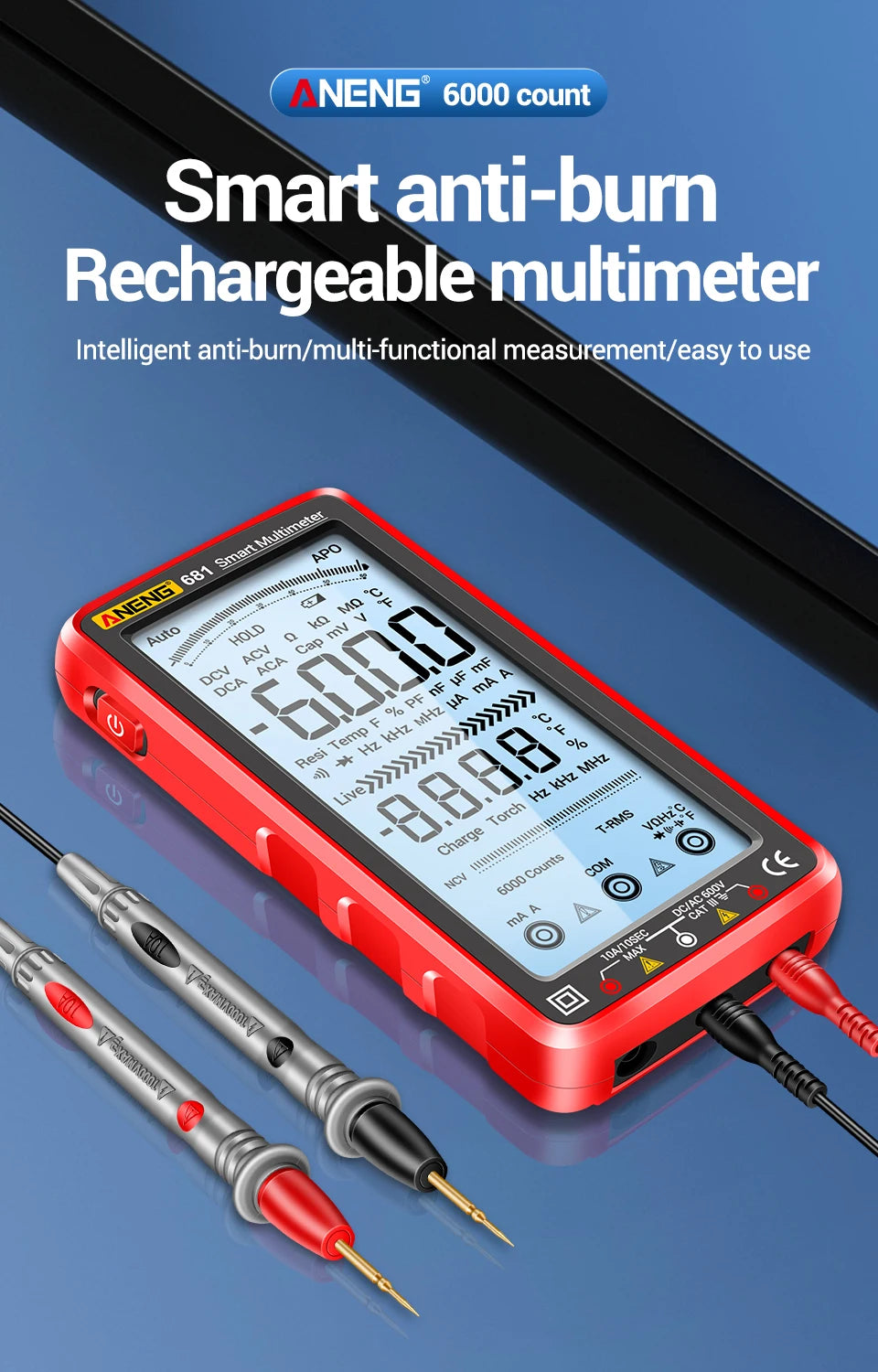 ANENG 681 Smart Digital Multimeter Rechargable AC/DC Voltage Non-contact Voltage Tester Meter LCD Screen Current Tester Tools
