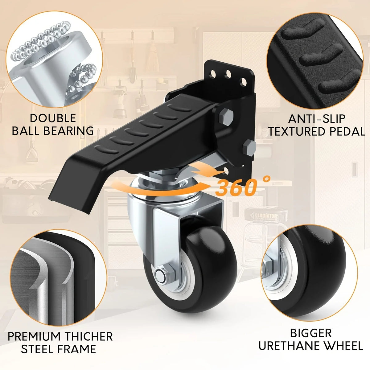 165 lbs 2.5" Set of 4 Workbench Caster Wheels Side Mounted Retractable Stepdown Wheel 360° Swivel for Tables and Equipment