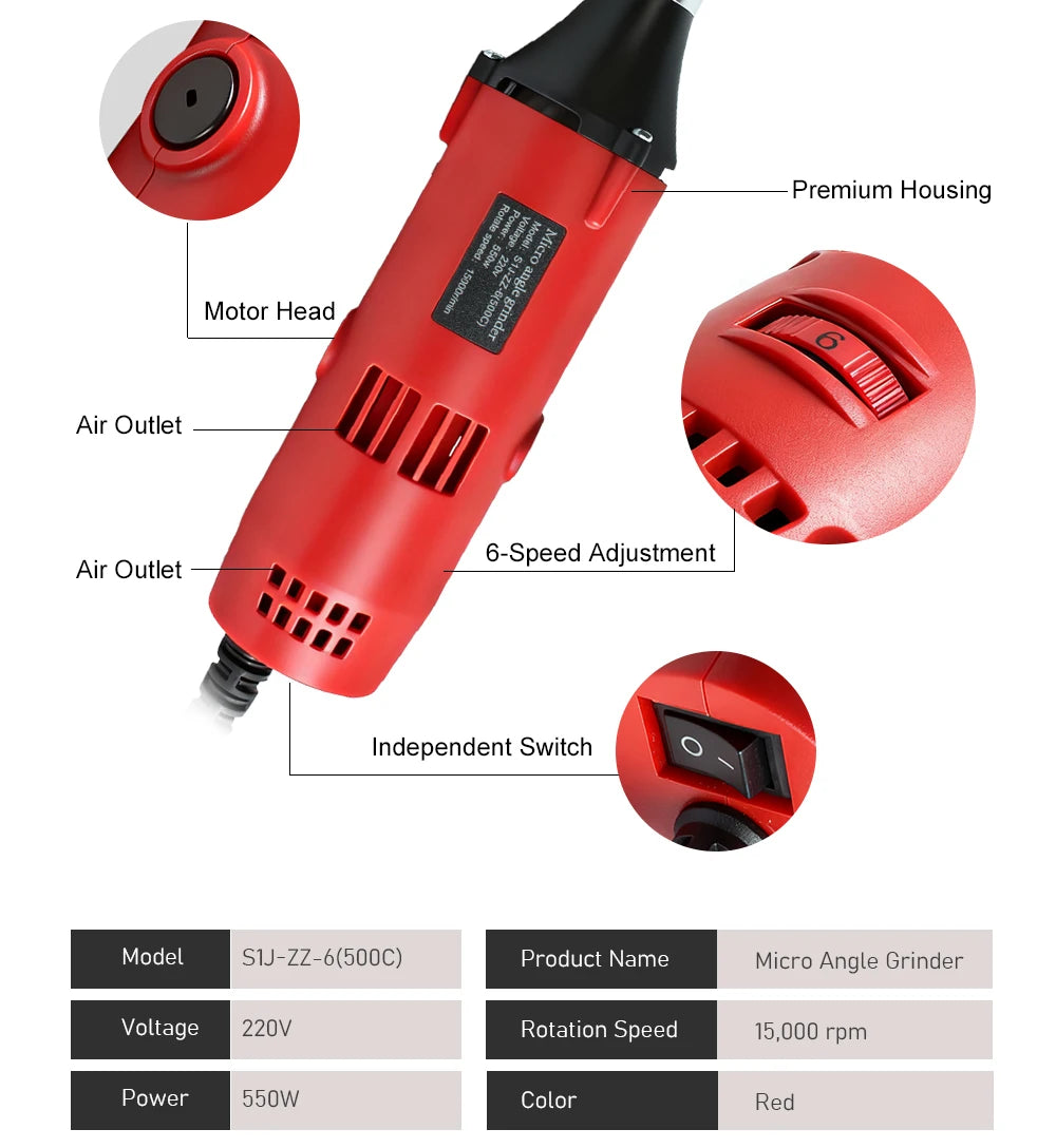Tungfull 90-Degree Elbow Die Grinder Mold Polisher 550W Multi-Functiont Rotary Tool for Metal Grinding, Wood Carving, Polishing
