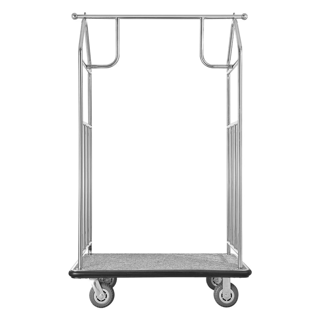 800 LBS Load Capacity Hotel Bellman Cart Brushed Stainless Steel with Grey Carpeted Deck FT s Cart Valet Trolley