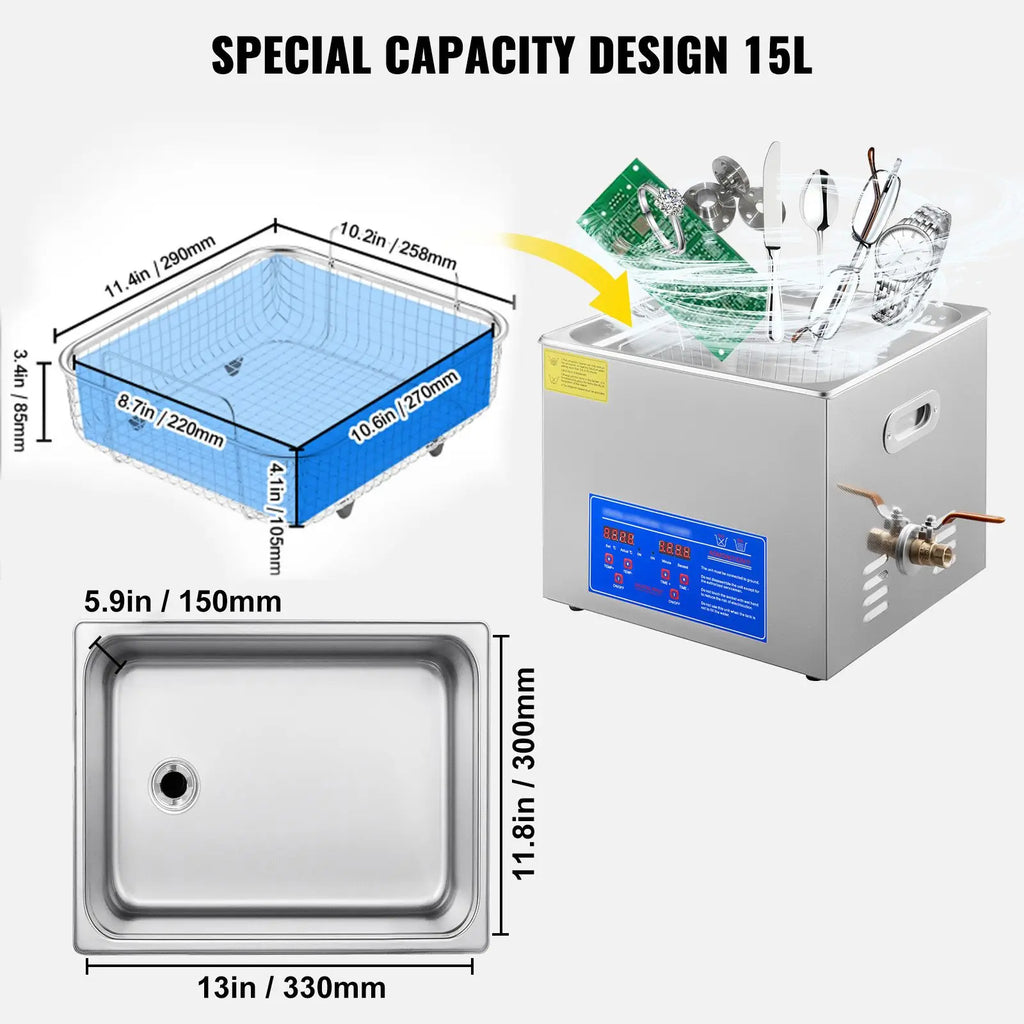 "15L Digital Ultrasonic Cleaner with Timer & Heater (40kHz)-Professional & Electric for Cars (110V)"