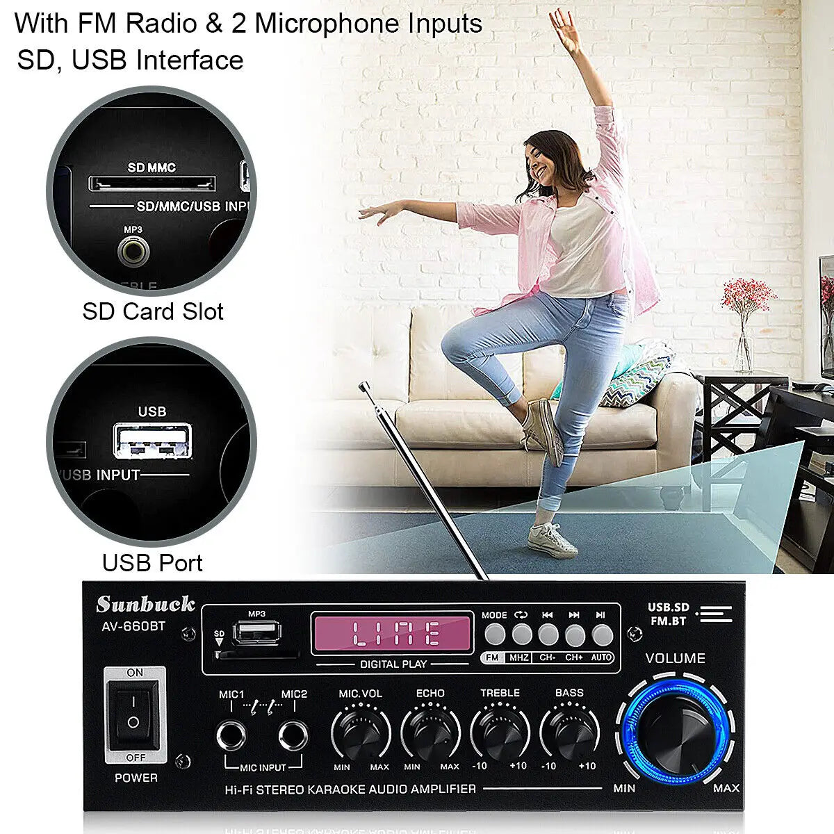 SUNBUCK AV-660BT Sound Amplifier CH 2.1 Power Amplifiers For Home Car Meeting Theater AMP Support EQ FM USB SD Card 2 Mic Input