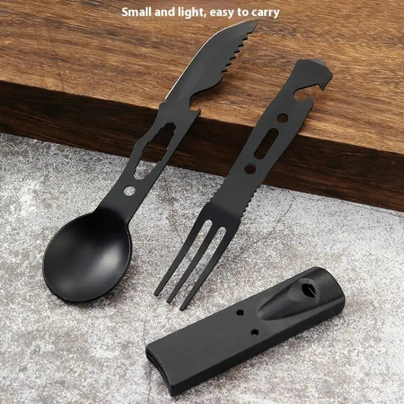 Outdoor Stainless Steel With Whistle Spoon Fork Set Multi Functional Camping Knives Camping Tableware Outdoor Wind Combination