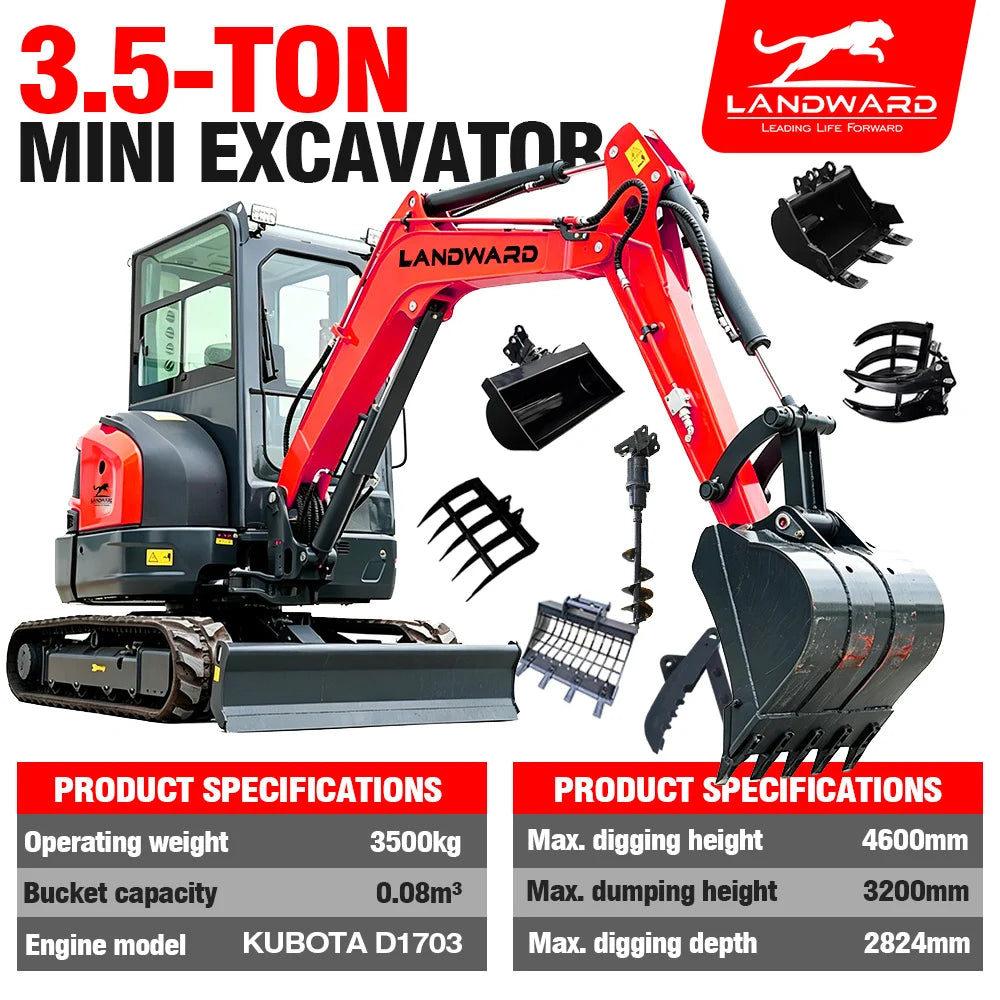 3.5 Ton Mini Excavator Hydraulic Pilot Controls Kubota Engine 2 Ton High-Efficiency Home Mini Digger 1.8T Farm Bagger Customized