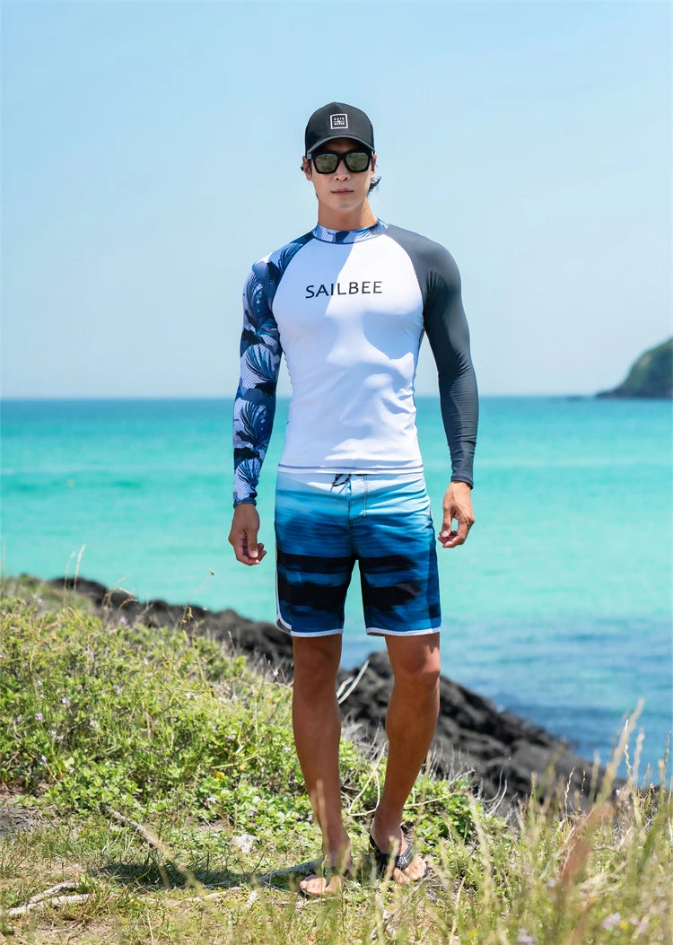 SAILBEE Men UV Protect Swimwear Long Sleeve Swimsuit Mens Rashguard Surfing Rash Guard Surf Shirt For Swimming Sail Drop Ship