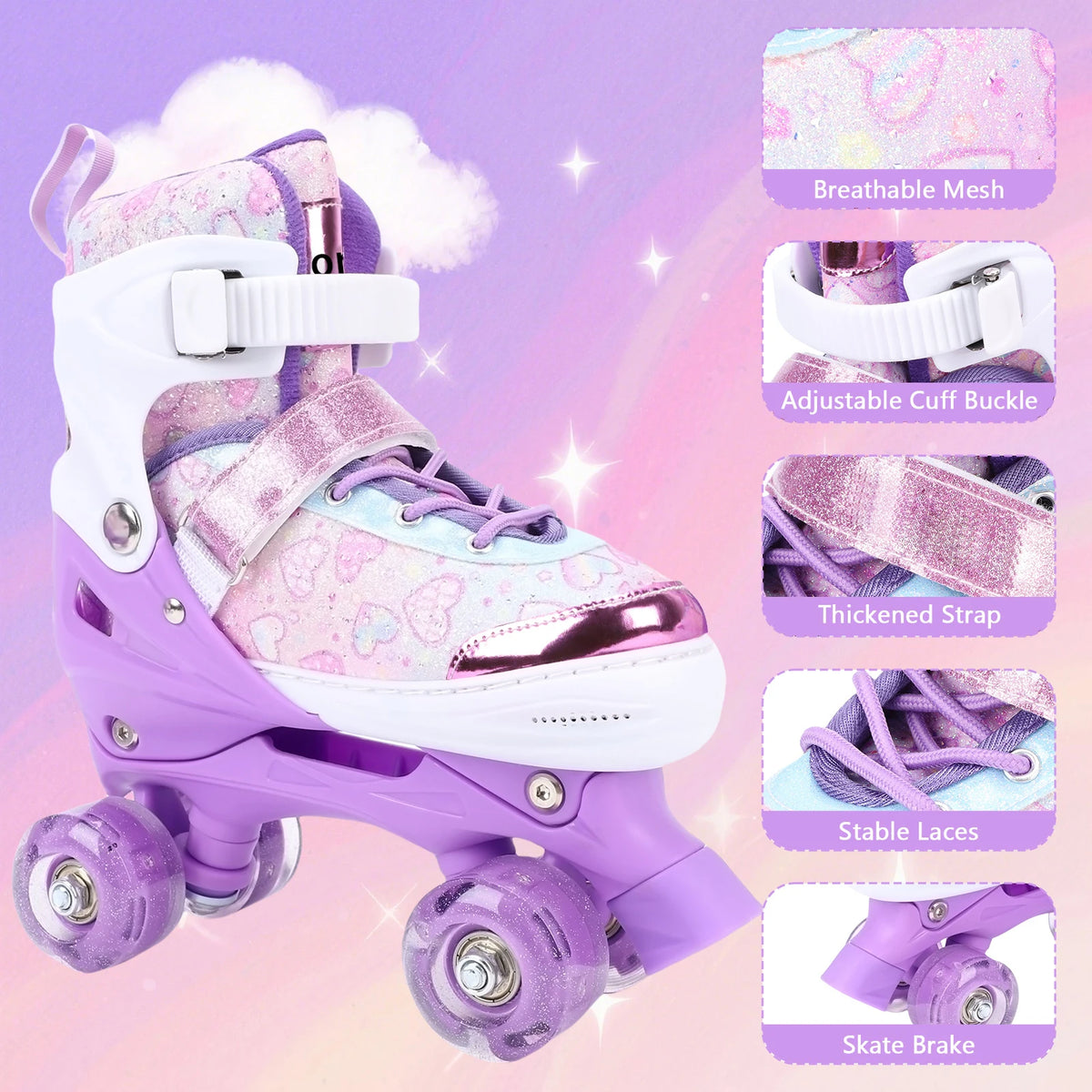 Tomshoo Roller Skates for Kids Girls Ages 6-12 4Size Adjustable Flashing Wheel ABEC Bearing Triple Protection for Outdoor Indoor