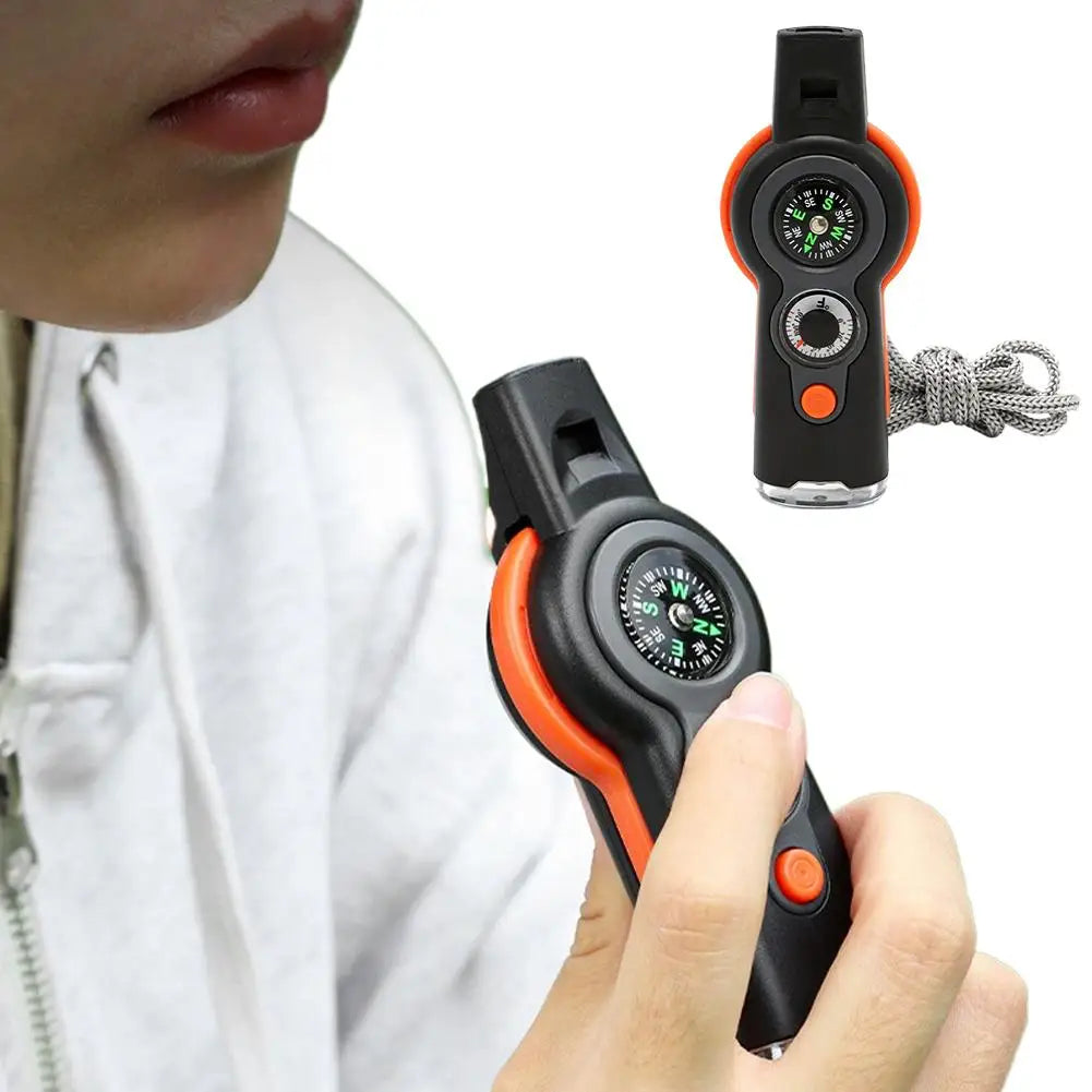 7in1 Emergency Survival Function Whistle Outdoor Multifunctional Survival Whistle with Lanyard Compass Flashlight Camping Hike ﻿