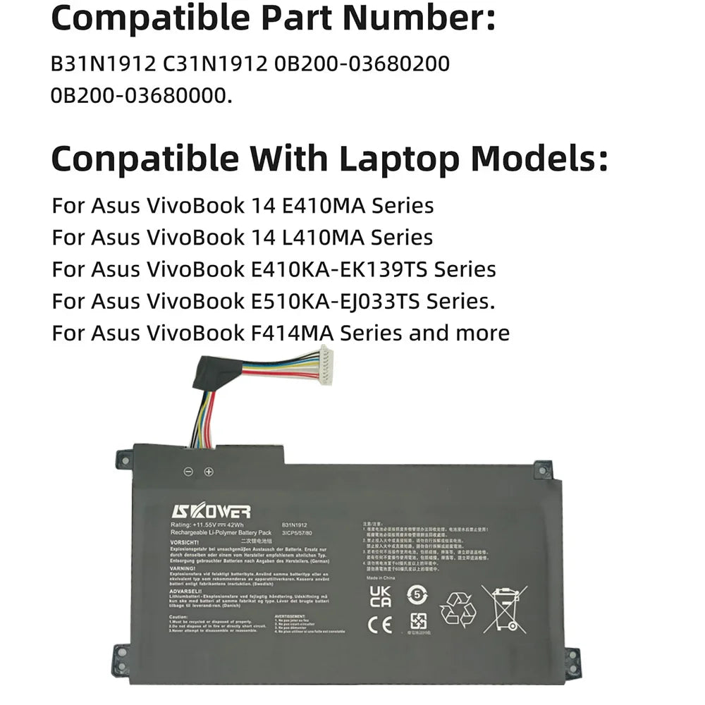 SKOWER B31N1912 Laptop Battery For Asus VivoBook 14 E410MA-EK018TS EK018TS E510KA L410MA R522MA E510MA F414MA L510MA C31N1912