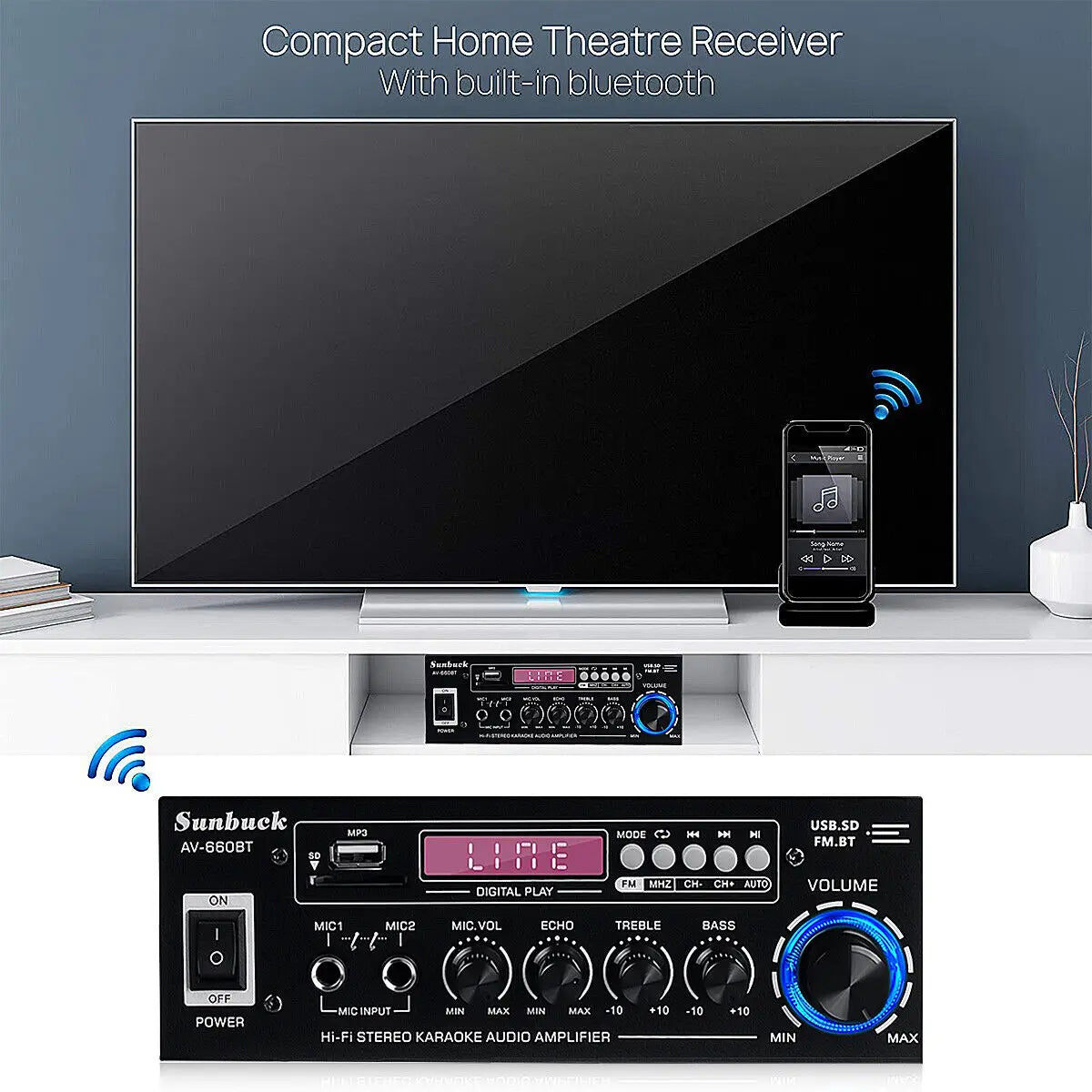 SUNBUCK AV-660BT Sound Amplifier CH 2.1 Power Amplifiers For Home Car Meeting Theater AMP Support EQ FM USB SD Card 2 Mic Input