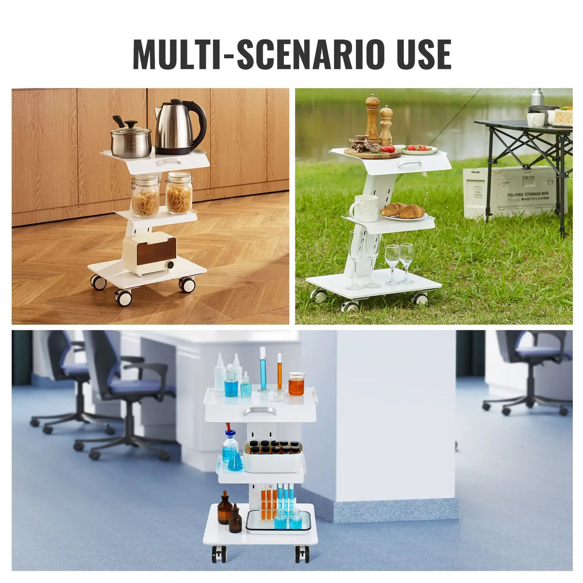 "3-Layer Metal Mobile Rolling Lab Cart with Swivel Wheels & Tray 220 Lbs Weight Capacity for Clinics & Labs"