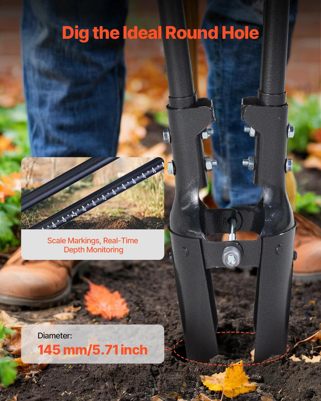 VEVOR Post Hole Digger Heavy Duty Post Hole Digger Manual Hole Digger with Scale Markings Post Hole Digger for Digging Gardening