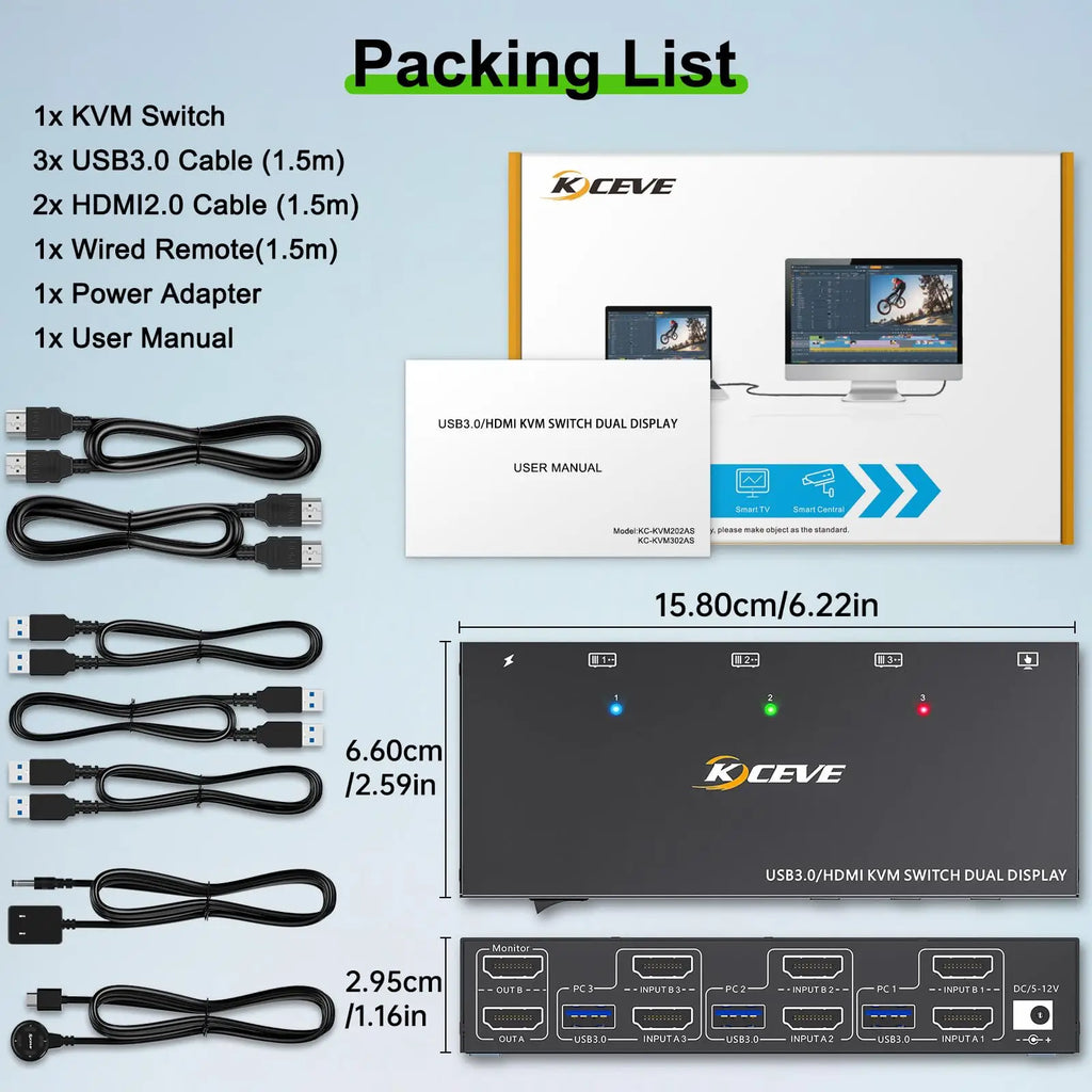Triple/Dual HDMI/Displayport KVM Switch 3/2 Monitors 3/2 Computers USB 3.0 KVM for 8K@60Hz 4K@144Hz With 4 USB3.0 Keyboard Mouse