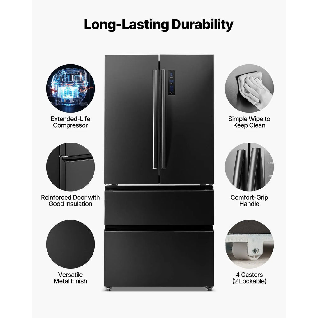 18.9 Cu. Ft. Counter Depth French Door Refrigerator LED Display Kitchen Fridge with 4 Casters Frost-Free Defrost